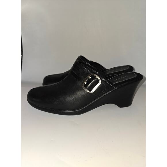 Merona‎ Women's Mules Heels Black Leather Slip On Strap Buckle 11 - Picture 2 of 10